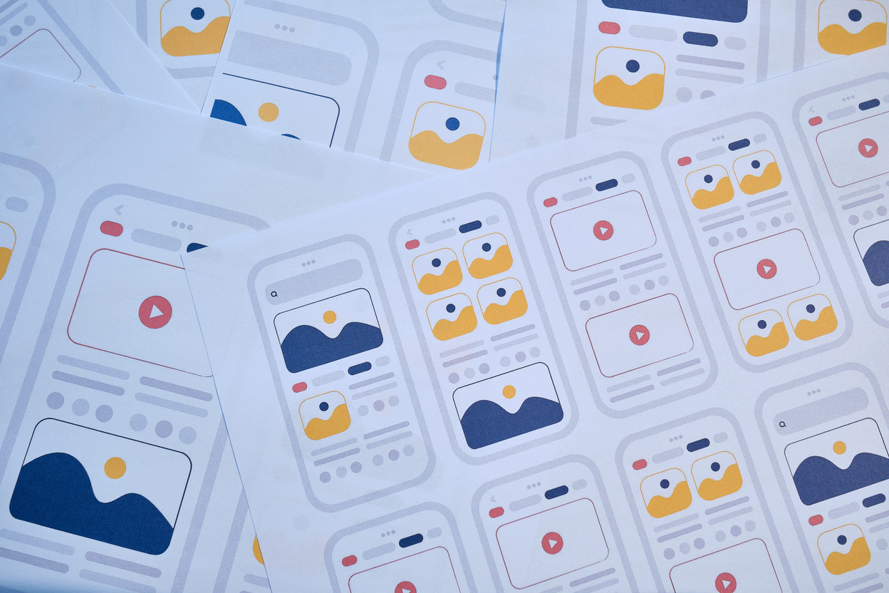 UX mobile application wireframe. Sketch, prototype, framework, layout future app design project. UI/UX - user interface and user experience designer. Creative concept for smartphone. App development